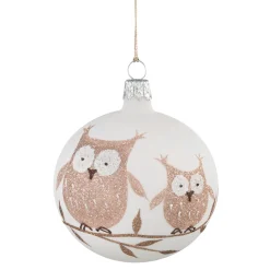 Glaskugel Weis Mit Braunen Eulen, 7 Cm